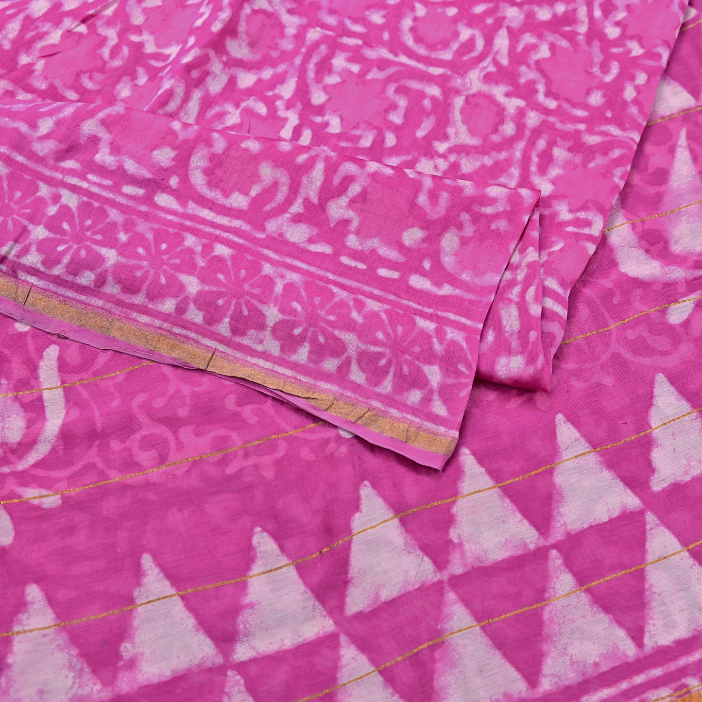 Indian Vintage Sari pink & White Pure chanderi Silk tie-dye Printed Saree 5Yd Fabric Soft Zari Border Ethnic Upcycle Crafting Dress making
