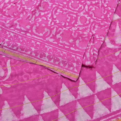 Indian Vintage Sari pink & White Pure chanderi Silk tie-dye Printed Saree 5Yd Fabric Soft Zari Border Ethnic Upcycle Crafting Dress making