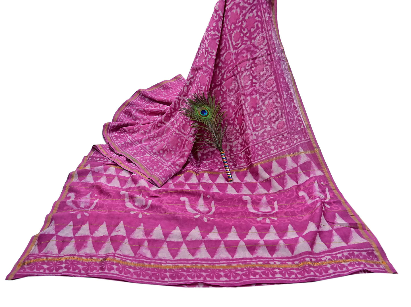 Indian Vintage Sari pink & White Pure chanderi Silk tie-dye Printed Saree 5Yd Fabric Soft Zari Border Ethnic Upcycle Crafting Dress making