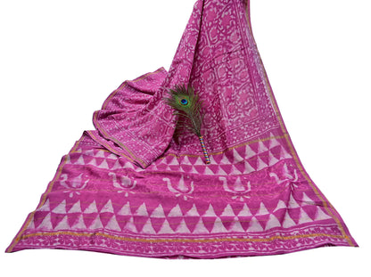 Indian Vintage Sari pink & White Pure chanderi Silk tie-dye Printed Saree 5Yd Fabric Soft Zari Border Ethnic Upcycle Crafting Dress making