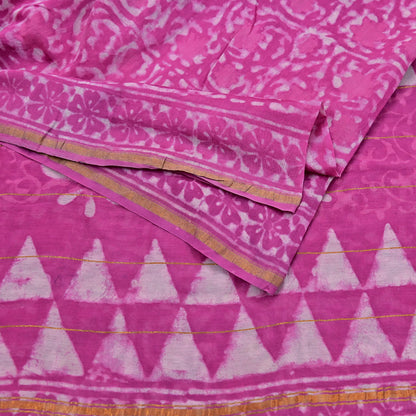 Indian Vintage Sari pink & White Pure chanderi Silk tie-dye Printed Saree 5Yd Fabric Soft Zari Border Ethnic Upcycle Crafting Dress making