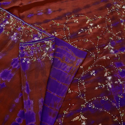 Indian Vintage Rusty & Purple Saree Pure Crepe Silk Hand Embroidered Tie-Dye Sari Fabric 5yard Craft Ethnic Zardozi
