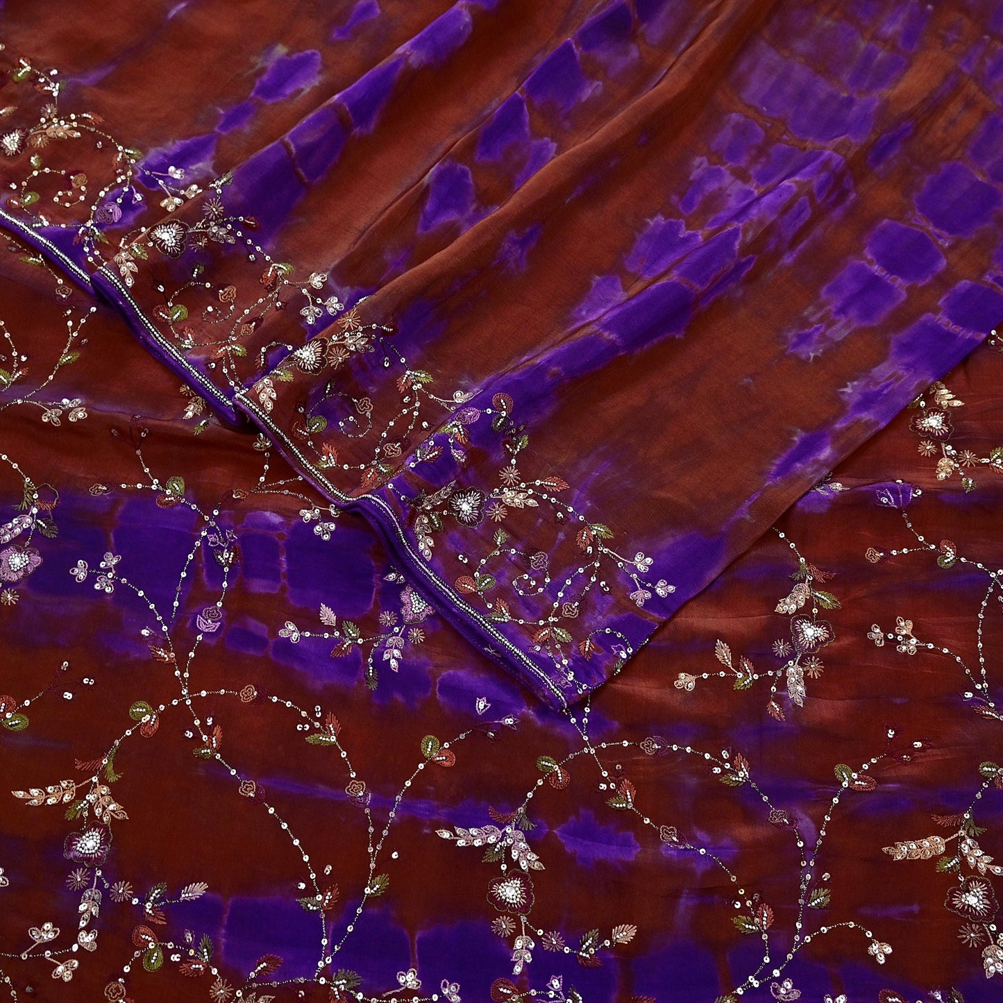 Indian Vintage Rusty & Purple Saree Pure Crepe Silk Hand Embroidered Tie-Dye Sari Fabric 5yard Craft Ethnic Zardozi