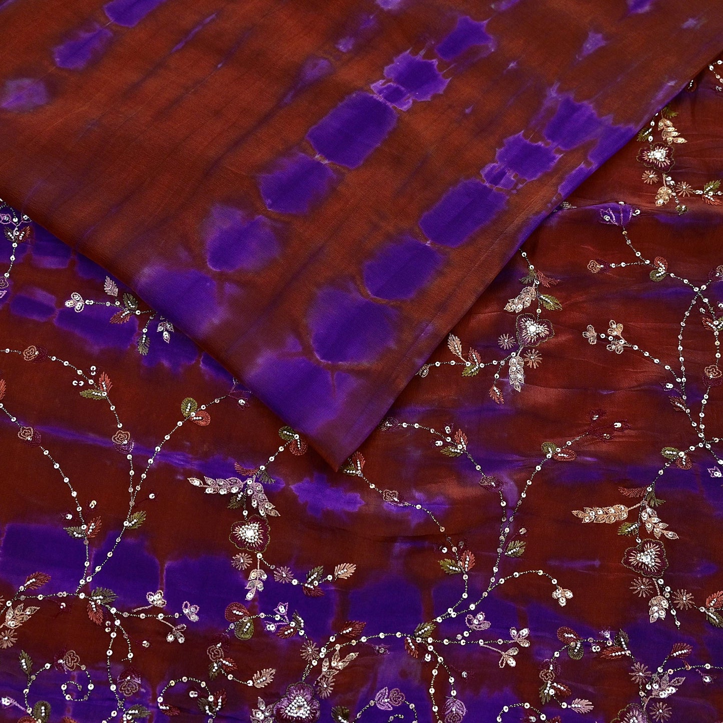 Indian Vintage Rusty & Purple Saree Pure Crepe Silk Hand Embroidered Tie-Dye Sari Fabric 5yard Craft Ethnic Zardozi