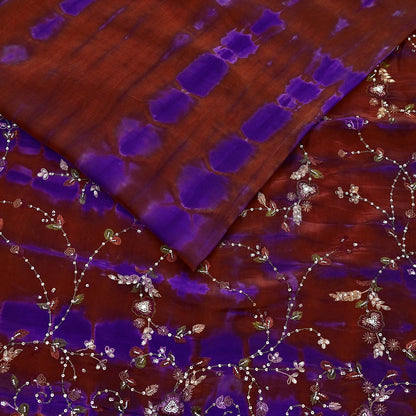 Indian Vintage Rusty & Purple Saree Pure Crepe Silk Hand Embroidered Tie-Dye Sari Fabric 5yard Craft Ethnic Zardozi
