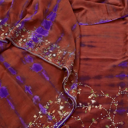 Indian Vintage Rusty & Purple Saree Pure Crepe Silk Hand Embroidered Tie-Dye Sari Fabric 5yard Craft Ethnic Zardozi