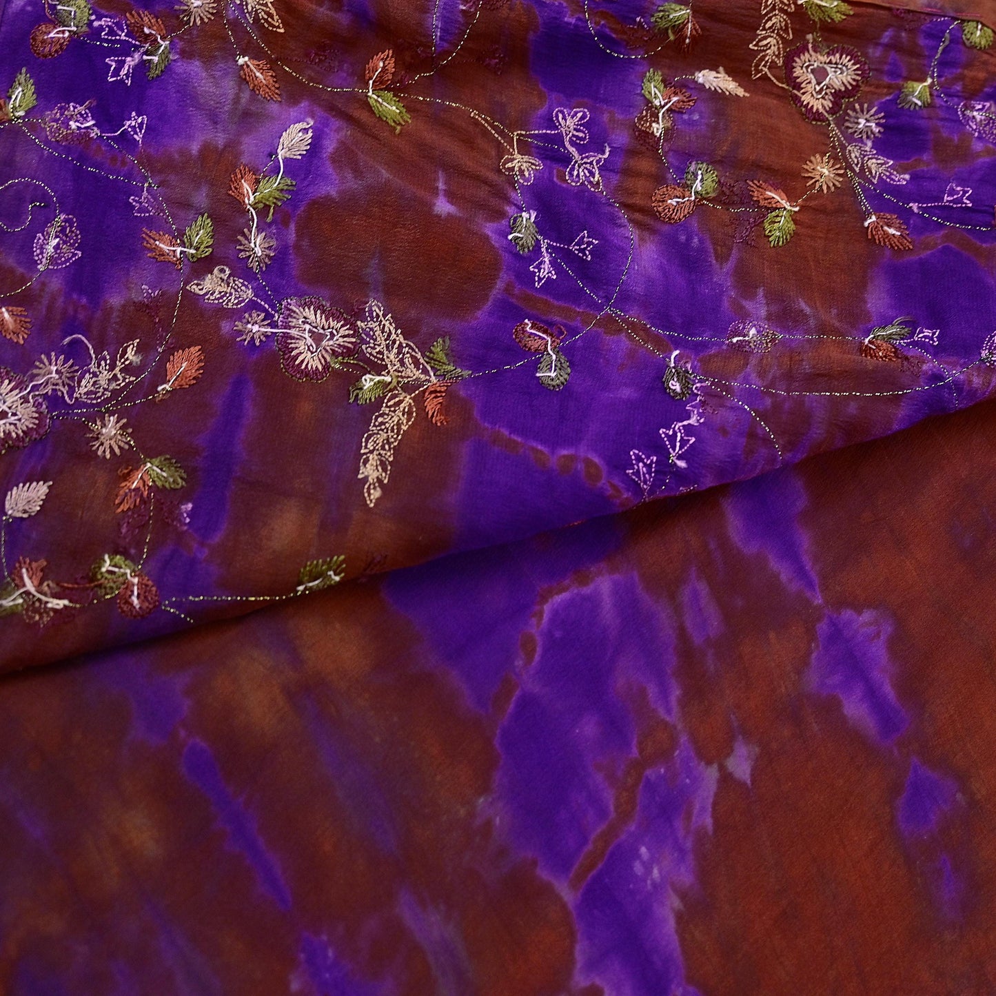 Indian Vintage Rusty & Purple Saree Pure Crepe Silk Hand Embroidered Tie-Dye Sari Fabric 5yard Craft Ethnic Zardozi