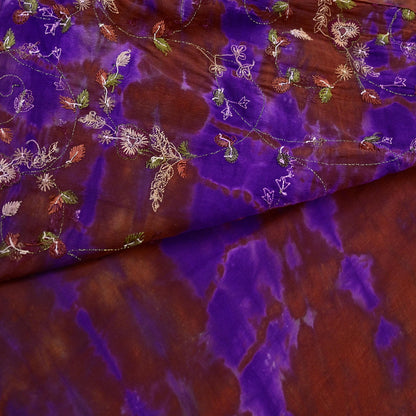 Indian Vintage Rusty & Purple Saree Pure Crepe Silk Hand Embroidered Tie-Dye Sari Fabric 5yard Craft Ethnic Zardozi