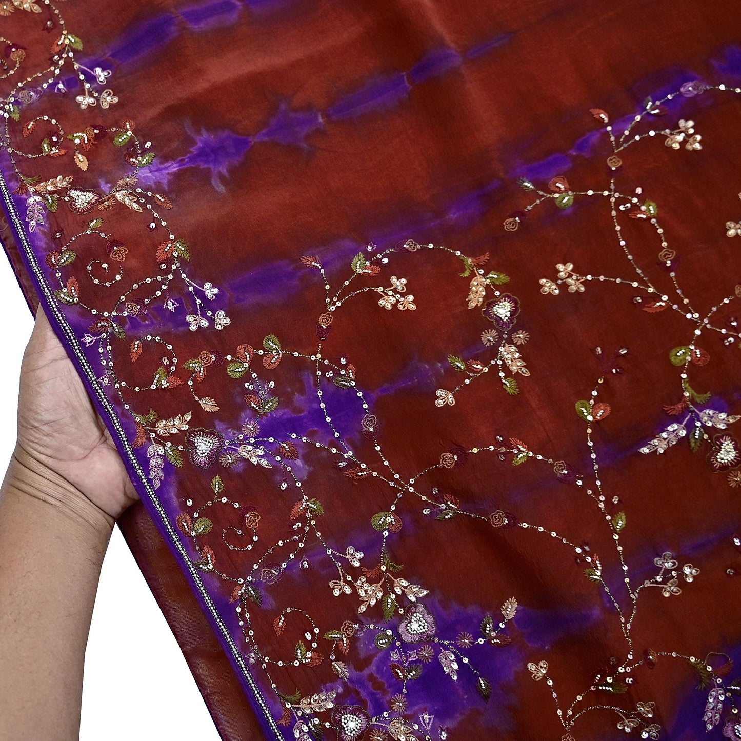 Indian Vintage Rusty & Purple Saree Pure Crepe Silk Hand Embroidered Tie-Dye Sari Fabric 5yard Craft Ethnic Zardozi