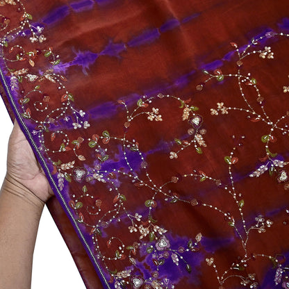 Indian Vintage Rusty & Purple Saree Pure Crepe Silk Hand Embroidered Tie-Dye Sari Fabric 5yard Craft Ethnic Zardozi
