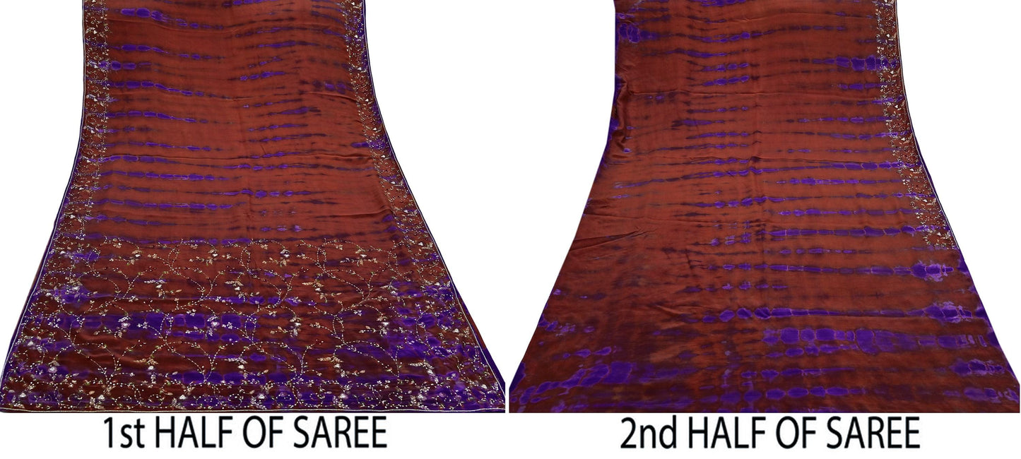 Indian Vintage Rusty & Purple Saree Pure Crepe Silk Hand Embroidered Tie-Dye Sari Fabric 5yard Craft Ethnic Zardozi