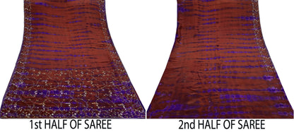 Indian Vintage Rusty & Purple Saree Pure Crepe Silk Hand Embroidered Tie-Dye Sari Fabric 5yard Craft Ethnic Zardozi