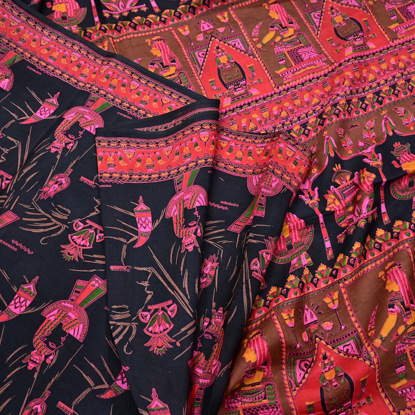 Indian Vintage Red & Black Pure Silk Printed Saree 6Yards Soft Floral Fabric for Dressmaking, Quilting, Crafting, Sewing, Dress Making