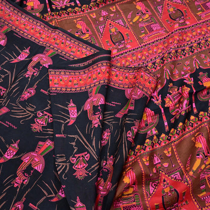 Indian Vintage Red & Black Pure Silk Printed Saree 6Yards Soft Floral Fabric for Dressmaking, Quilting, Crafting, Sewing, Dress Making