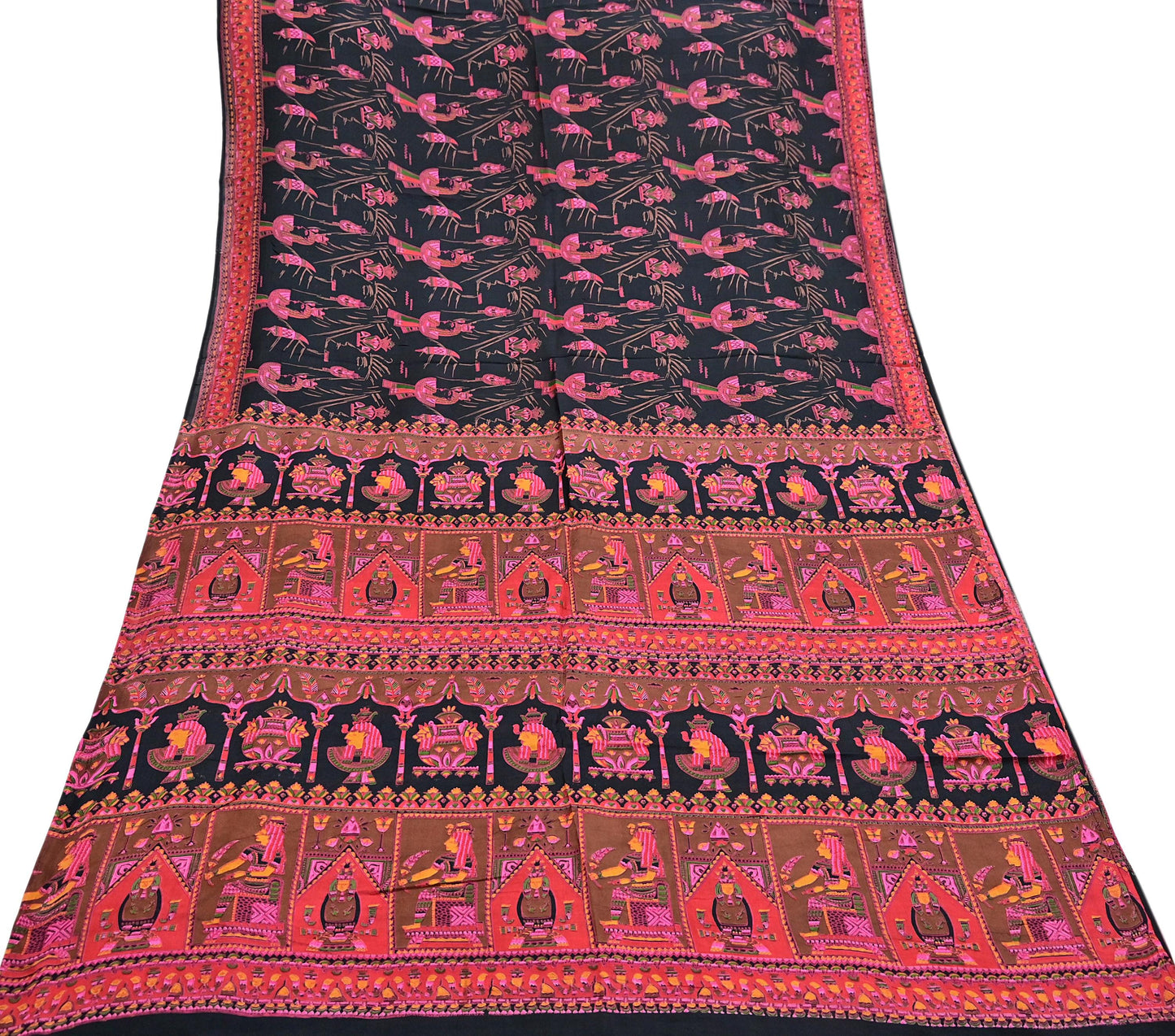 Indian Vintage Red & Black Pure Silk Printed Saree 6Yards Soft Floral Fabric for Dressmaking, Quilting, Crafting, Sewing, Dress Making