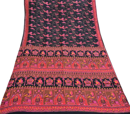 Indian Vintage Red & Black Pure Silk Printed Saree 6Yards Soft Floral Fabric for Dressmaking, Quilting, Crafting, Sewing, Dress Making