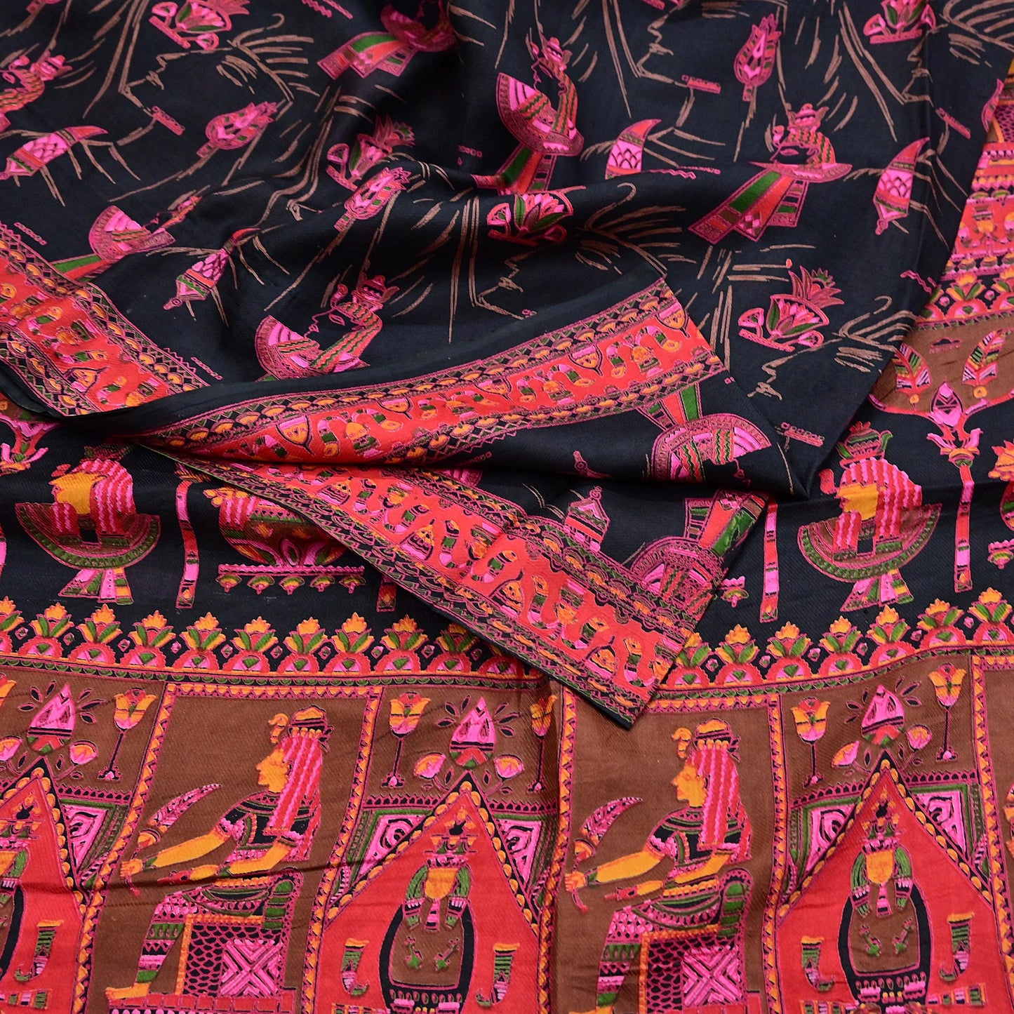 Indian Vintage Red & Black Pure Silk Printed Saree 6Yards Soft Floral Fabric for Dressmaking, Quilting, Crafting, Sewing, Dress Making