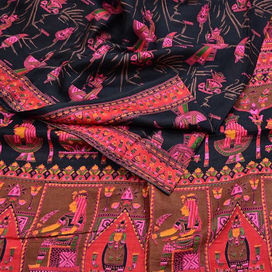 Indian Vintage Red & Black Pure Silk Printed Saree 6Yards Soft Floral Fabric for Dressmaking, Quilting, Crafting, Sewing, Dress Making