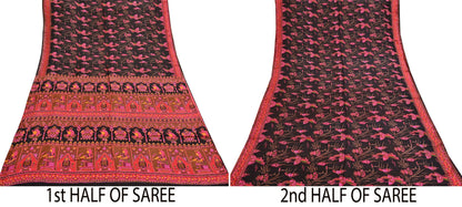 Indian Vintage Red & Black Pure Silk Printed Saree 6Yards Soft Floral Fabric for Dressmaking, Quilting, Crafting, Sewing, Dress Making