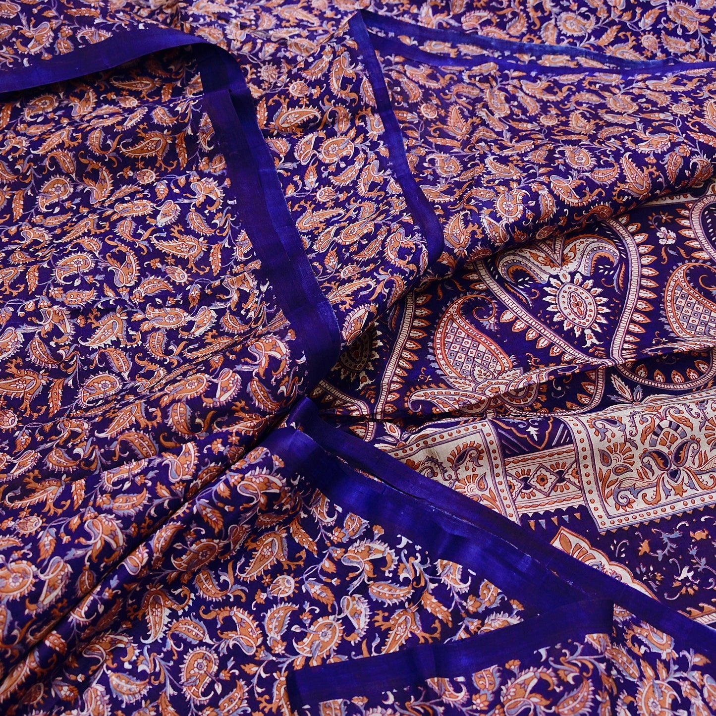 Indian Vintage Sari Blue Pure Silk Printed Saree Fabric 5yard Sewing Craft Fabric DressMaking Wrap Floral
