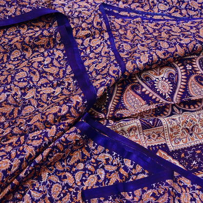 Indian Vintage Sari Blue Pure Silk Printed Saree Fabric 5yard Sewing Craft Fabric DressMaking Wrap Floral