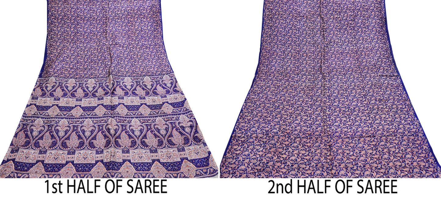 Indian Vintage Sari Blue Pure Silk Printed Saree Fabric 5yard Sewing Craft Fabric DressMaking Wrap Floral