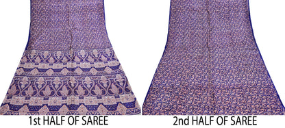 Indian Vintage Sari Blue Pure Silk Printed Saree Fabric 5yard Sewing Craft Fabric DressMaking Wrap Floral