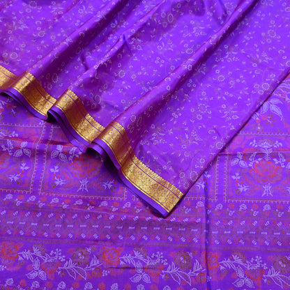 Indian Vintage Purple Saree 100% Pure Silk Printed Sari 6yard Sewing Craft Fabric DressMaking Soft Golden Zari