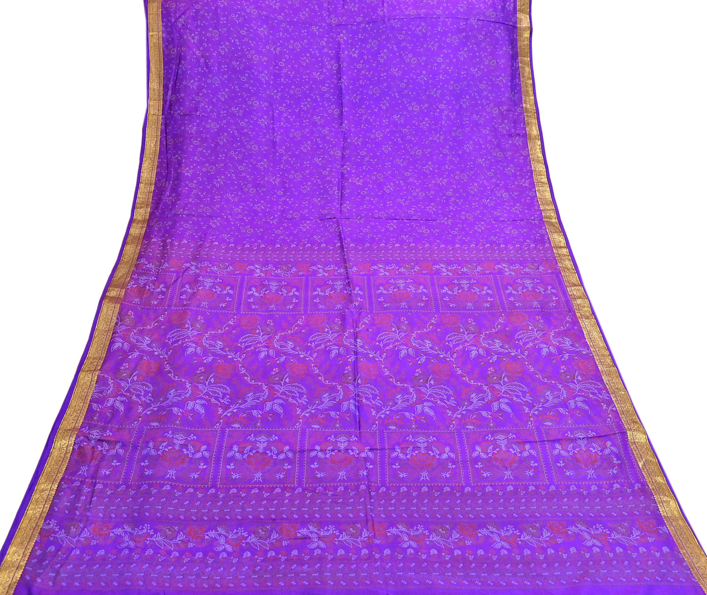 Indian Vintage Purple Saree 100% Pure Silk Printed Sari 6yard Sewing Craft Fabric DressMaking Soft Golden Zari