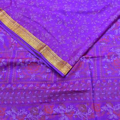 Indian Vintage Purple Saree 100% Pure Silk Printed Sari 6yard Sewing Craft Fabric DressMaking Soft Golden Zari