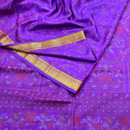 Indian Vintage Purple Saree 100% Pure Silk Printed Sari 6yard Sewing Craft Fabric DressMaking Soft Golden Zari
