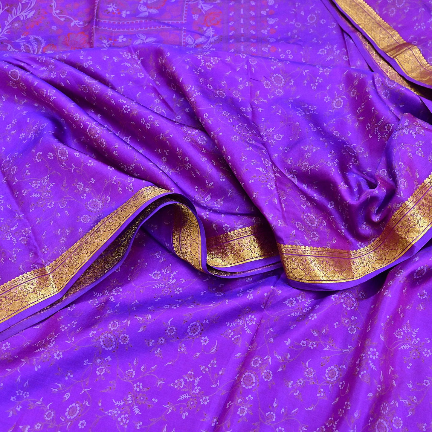 Indian Vintage Purple Saree 100% Pure Silk Printed Sari 6yard Sewing Craft Fabric DressMaking Soft Golden Zari