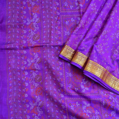 Indian Vintage Purple Saree 100% Pure Silk Printed Sari 6yard Sewing Craft Fabric DressMaking Soft Golden Zari