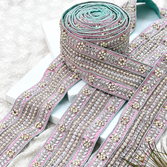 Indian Vintage Pink Sari Border 1Yd Hand Embroidered Dabka Lace Trim Sewing Craft Ribbon Dress Decor