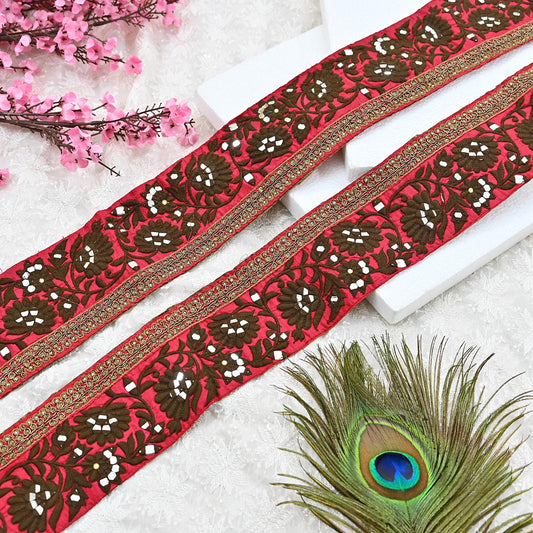 Indian Vintage Pink Sari Border 1Yd Hand Embroidered Dabka Lace Trim Sewing Craft Ribbon Dress Decor