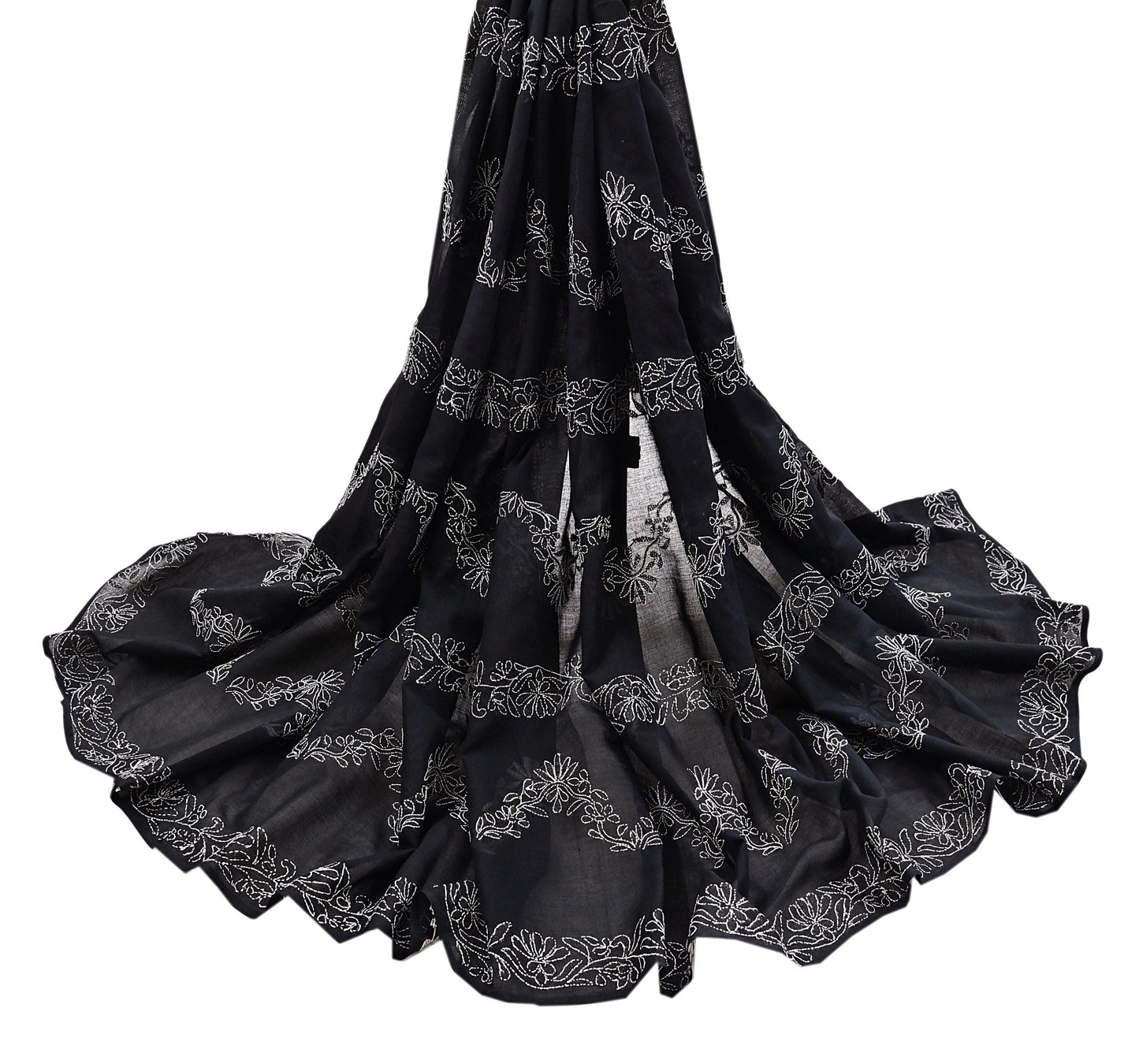 Indian Vintage Dupatta Black Long Stole Cotton Handmade Chikankari Scarves Veil Scarf Wrap Hippie Boho Soft