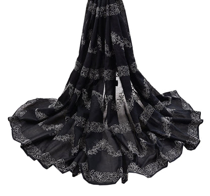 Indian Vintage Dupatta Black Long Stole Cotton Handmade Chikankari Scarves Veil Scarf Wrap Hippie Boho Soft
