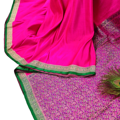 Indian Vintage Sari Magenta Heavy Pure Satin Silk Woven Banarasi Brocade Saree Zari 5Yd Ethnic Dress making Crafting Bollywood