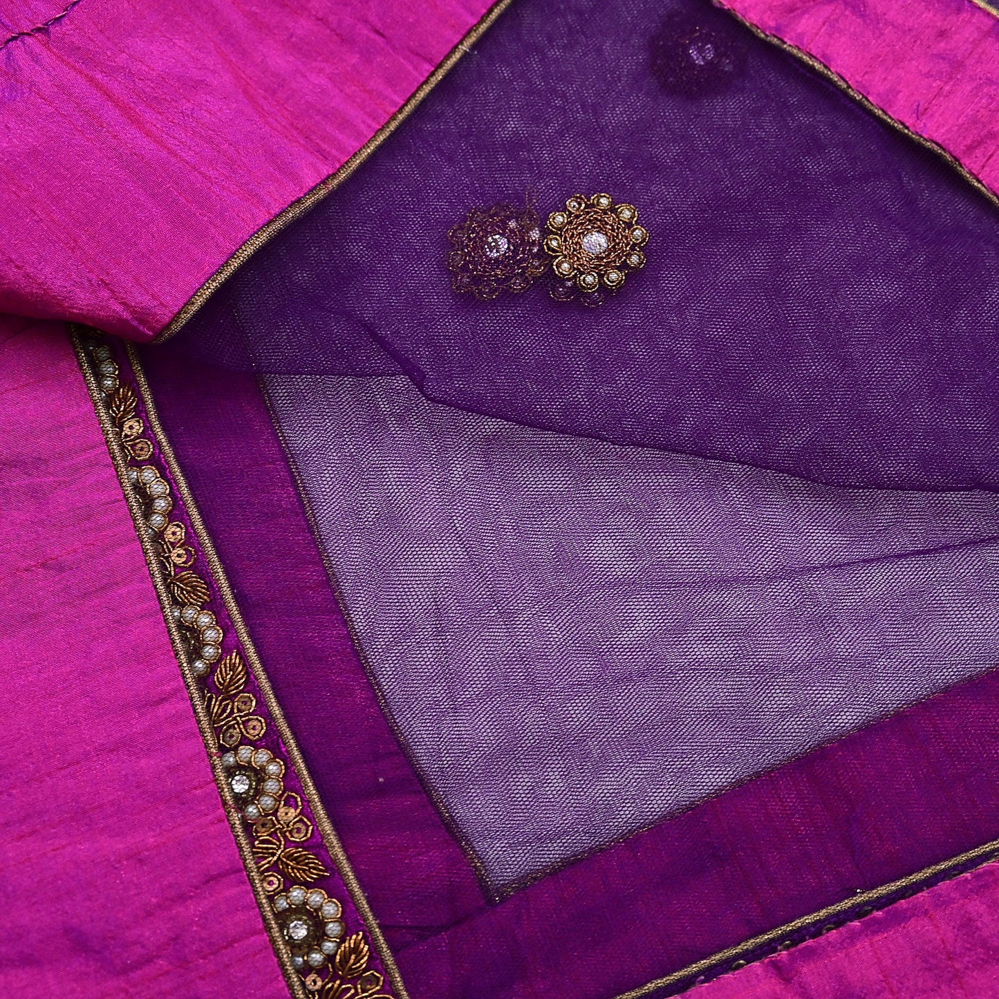 Indian Vintage Heavy Wedding Purple Dupatta Net Mesh Long Stole Hand Embroidered Scarves Golden Zardozi Dabka Zari Stole