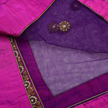 Indian Vintage Heavy Wedding Purple Dupatta Net Mesh Long Stole Hand Embroidered Scarves Golden Zardozi Dabka Zari Stole