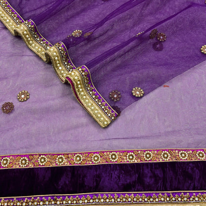 Indian Vintage Heavy Wedding Purple Dupatta Net Mesh Long Stole Hand Embroidered Scarves Golden Zardozi Dabka Zari Stole