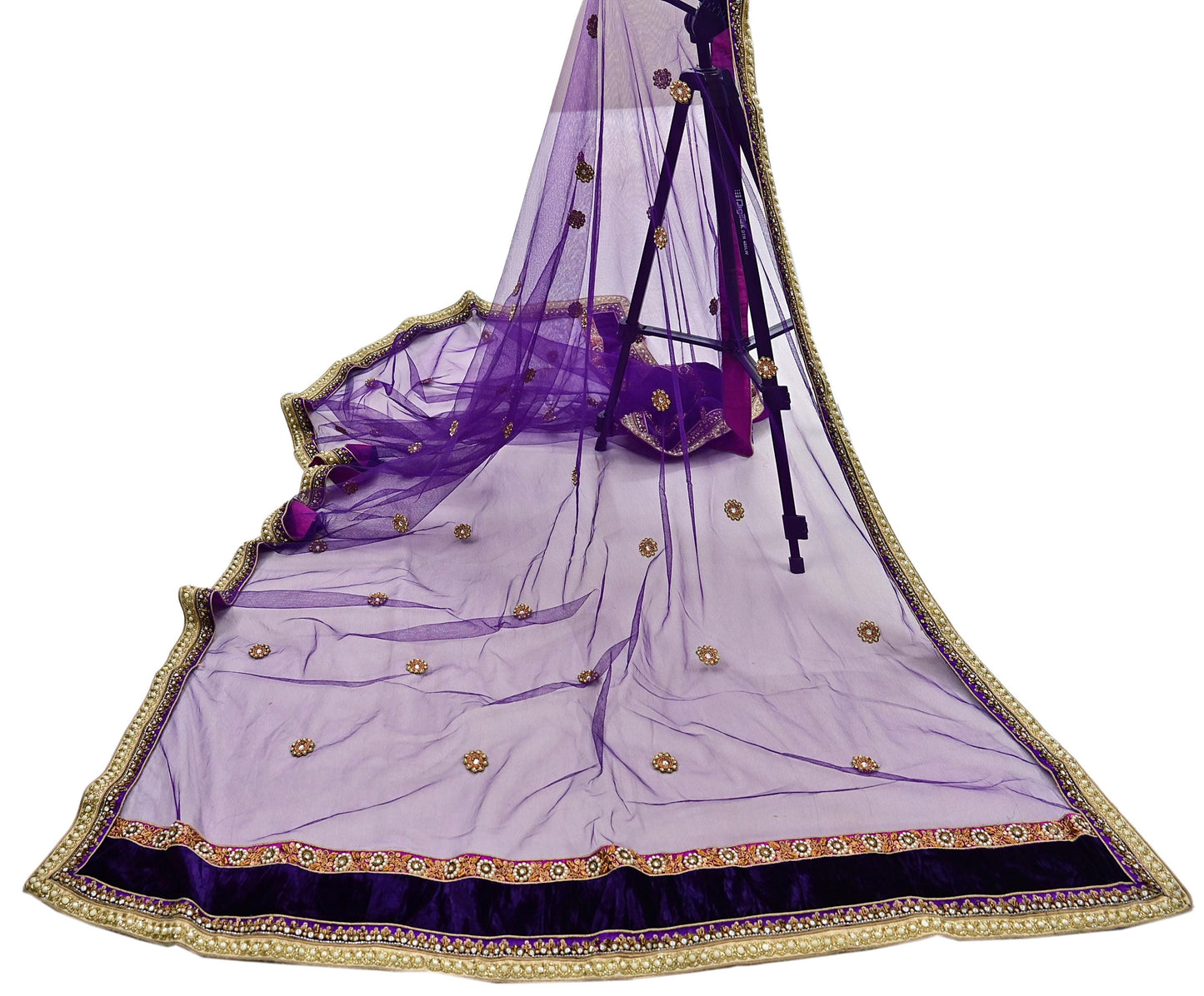 Indian Vintage Heavy Wedding Purple Dupatta Net Mesh Long Stole Hand Embroidered Scarves Golden Zardozi Dabka Zari Stole