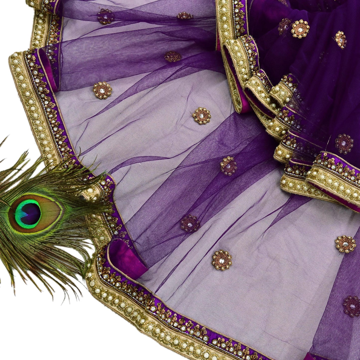 Indian Vintage Heavy Wedding Purple Dupatta Net Mesh Long Stole Hand Embroidered Scarves Golden Zardozi Dabka Zari Stole