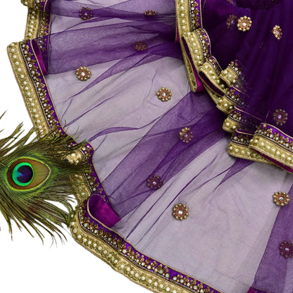 Indian Vintage Heavy Wedding Purple Dupatta Net Mesh Long Stole Hand Embroidered Scarves Golden Zardozi Dabka Zari Stole