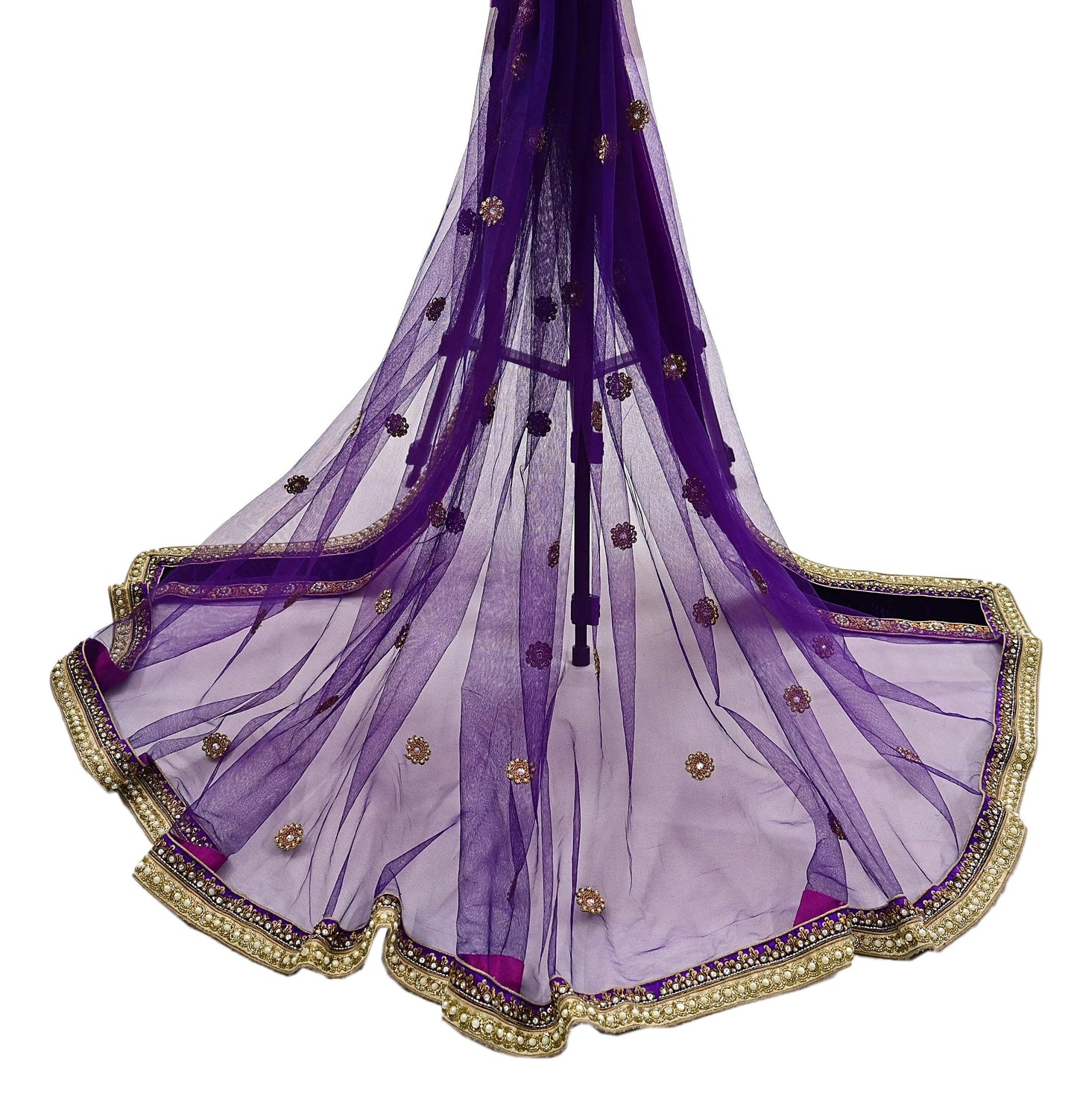 Indian Vintage Heavy Wedding Purple Dupatta Net Mesh Long Stole Hand Embroidered Scarves Golden Zardozi Dabka Zari Stole