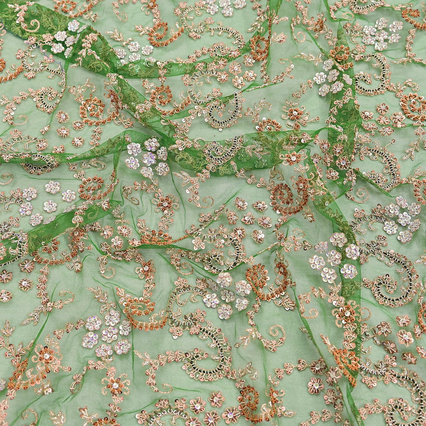 Indian Vintage Heavy Bridal Dupatta Hand Embroidered Green Net Mesh Veil Zardozi, Zari, Sequins Work Long Stole, Scarf, Hijab