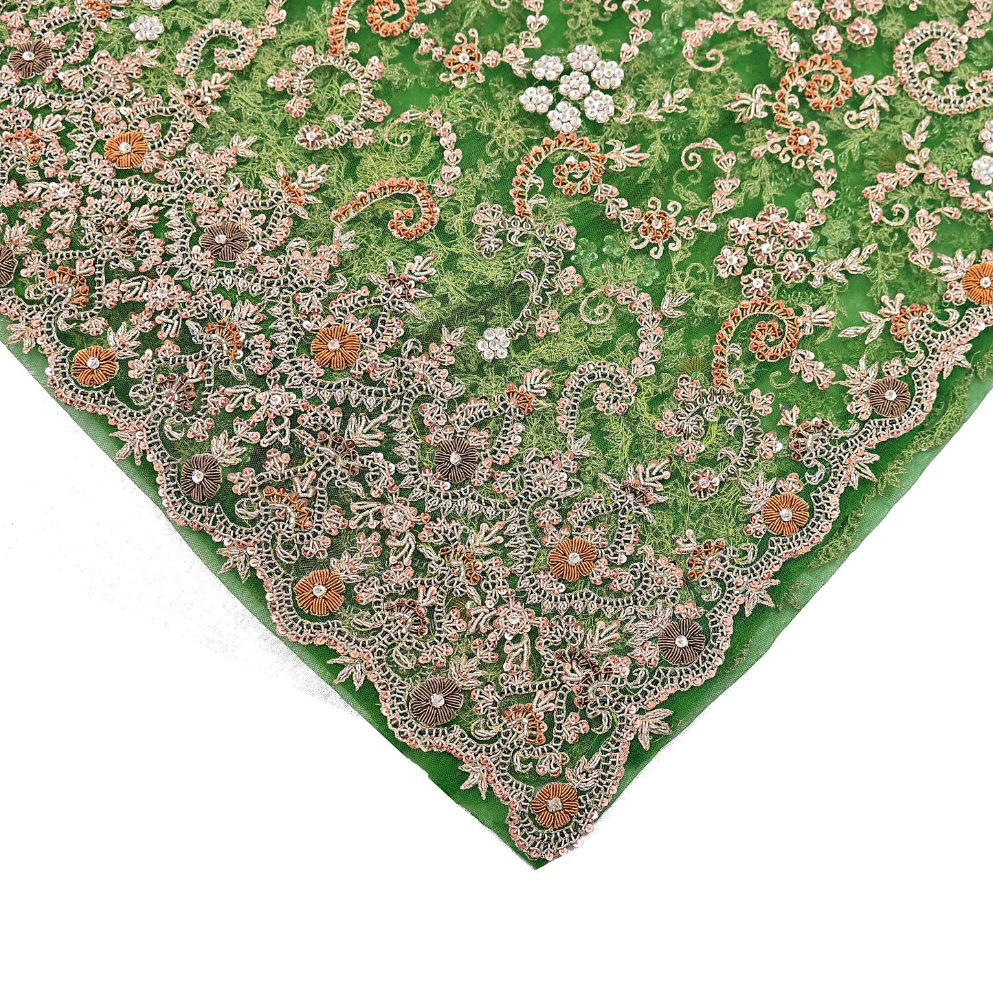 Indian Vintage Heavy Bridal Dupatta Hand Embroidered Green Net Mesh Veil Zardozi, Zari, Sequins Work Long Stole, Scarf, Hijab