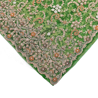 Indian Vintage Heavy Bridal Dupatta Hand Embroidered Green Net Mesh Veil Zardozi, Zari, Sequins Work Long Stole, Scarf, Hijab