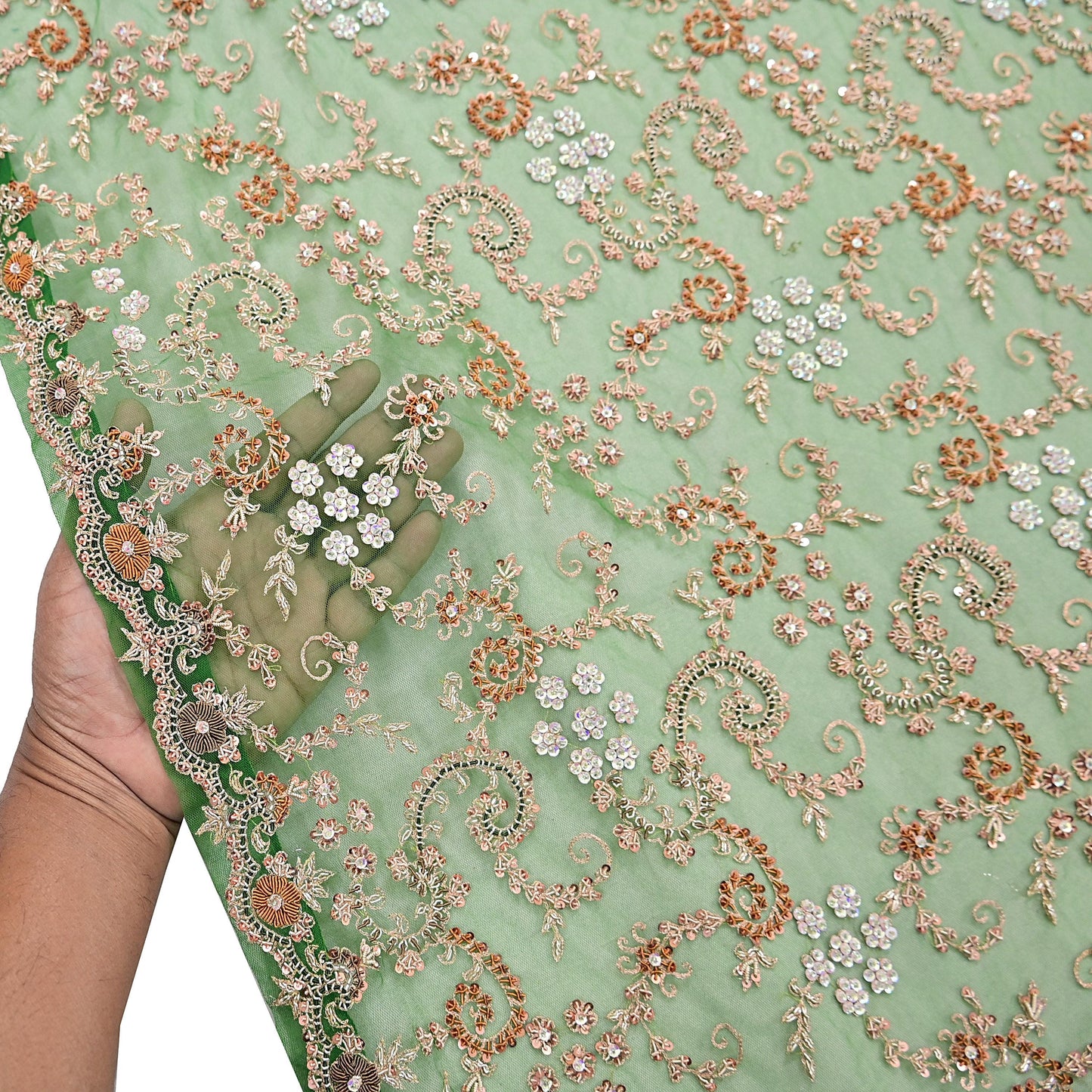 Indian Vintage Heavy Bridal Dupatta Hand Embroidered Green Net Mesh Veil Zardozi, Zari, Sequins Work Long Stole, Scarf, Hijab