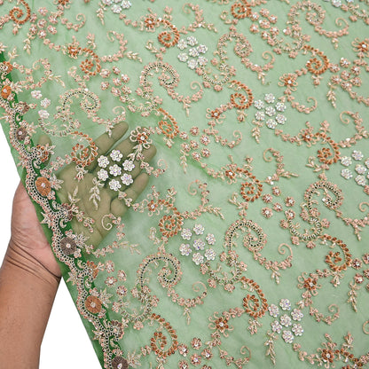 Indian Vintage Heavy Bridal Dupatta Hand Embroidered Green Net Mesh Veil Zardozi, Zari, Sequins Work Long Stole, Scarf, Hijab